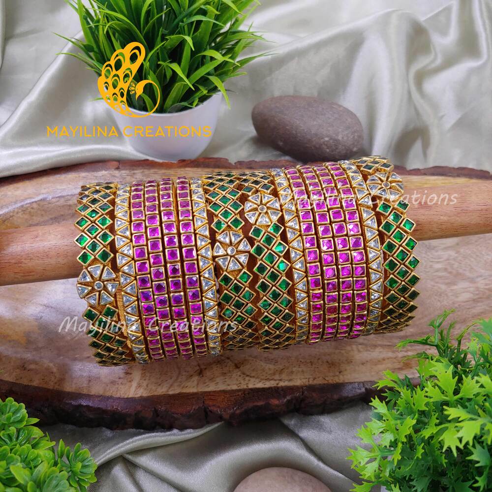 Green and Pink Exquisite Kundan Bridal Silk Thread Bangles for Women (Set of 16 Bangles)