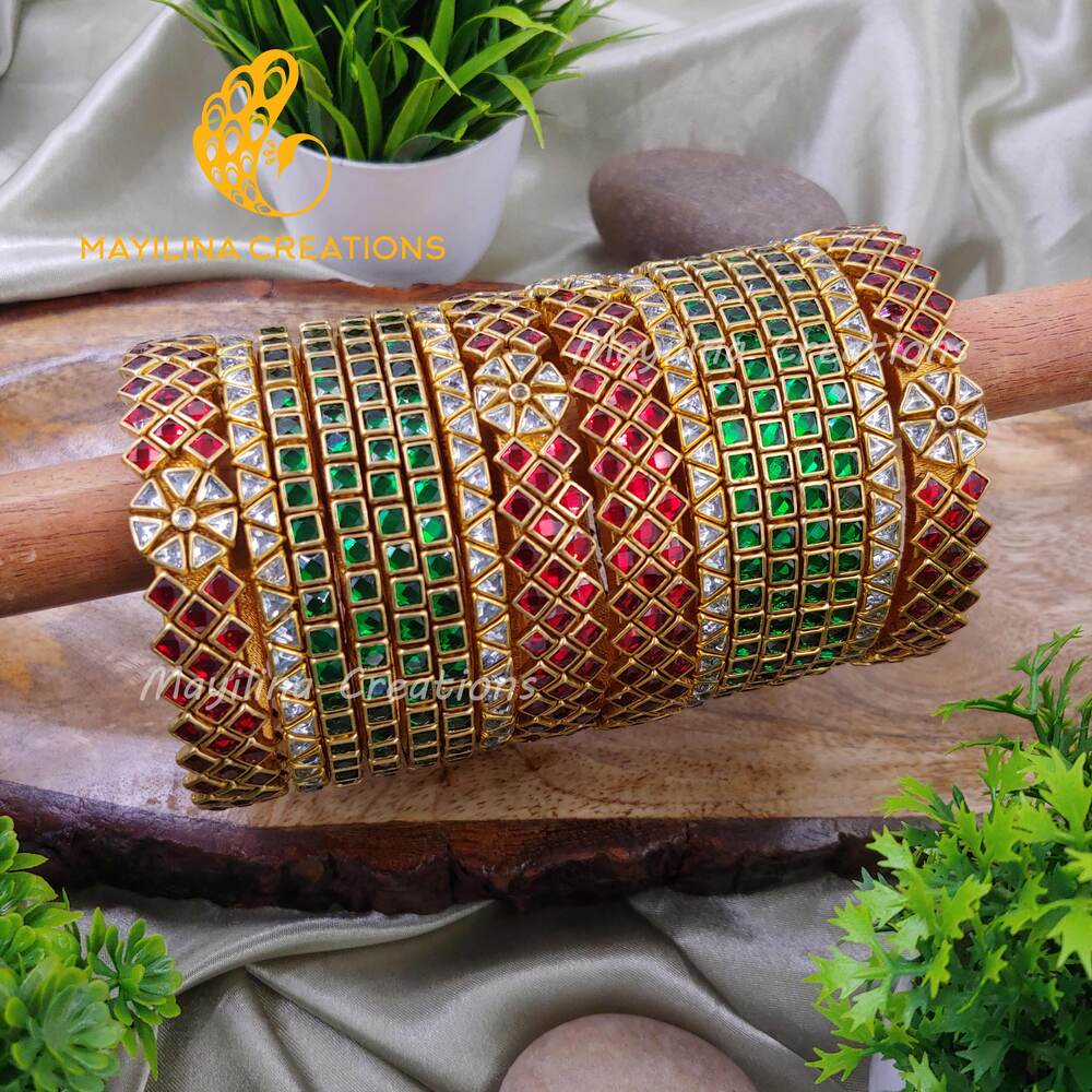 Red and Green Exquisite Kundan Bridal Silk Thread Bangles for Women (Set of 16 Bangles)