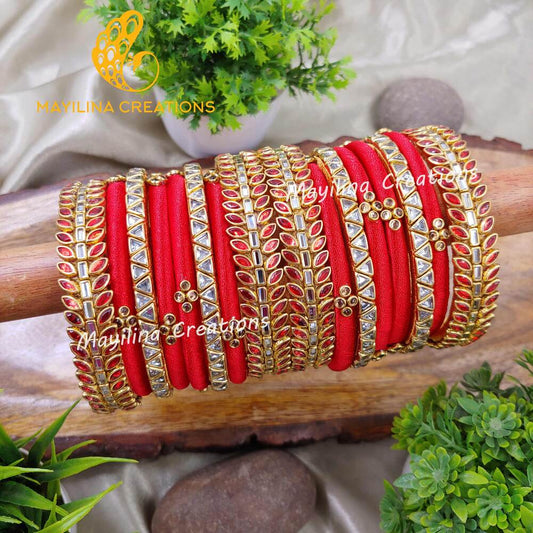 Red Kundan Silk Thread Bangles with Leaf Kundan Border Bangles for Women, for Wedding