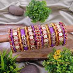 Violet and Red Silk Thread Bangles with Kundan and Lakshmi Coin Bangles for Women