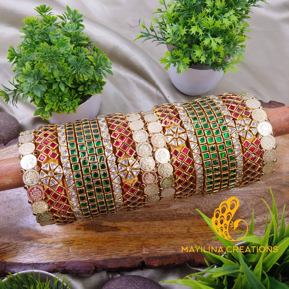 Maroon and Green Silk Thread Bangles with Kundan and Lakshmi Coin Bangles for Women