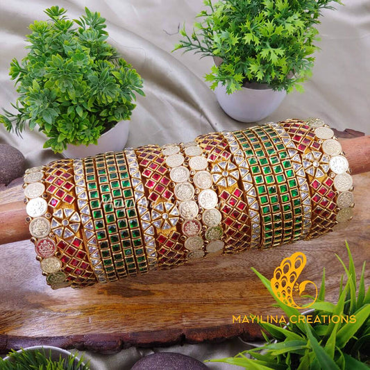 Maroon and Green Silk Thread Bangles with Kundan and Lakshmi Coin Bangles for Women