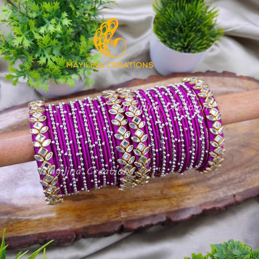 Purple Silk Thread Silver Metal Bangles with Silver Bead and Border Bangles for Women (Set of 40 Bangles).