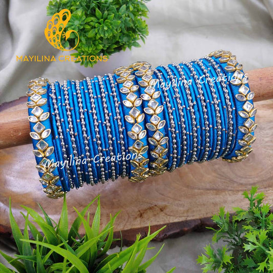 Blue Silk Thread Silver Metal Bangles with Silver Bead and Border Bangles for Women (Set of 40 Bangles).