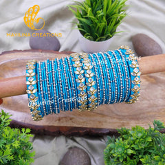 Light Blue Silk Thread Silver Metal Bangles with Silver Bead and Border Bangles for Women (Set of 40 Bangles).