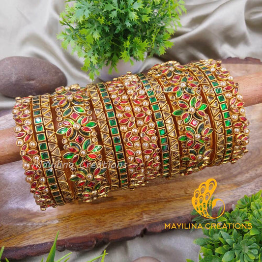 Red and Green Statement 3D Silk Thread Kundan Bridal Muhurtham Bangles for Women (Set of 14 Bangles).