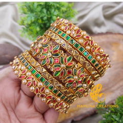 Red and Green Statement 3D Silk Thread Kundan Bridal Muhurtham Bangles for Women (Set of 14 Bangles).