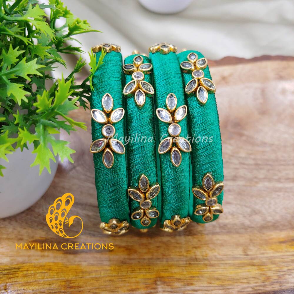 Dark Green Multicolor Silk Thread Bangles(Set of 4 Bangles) 