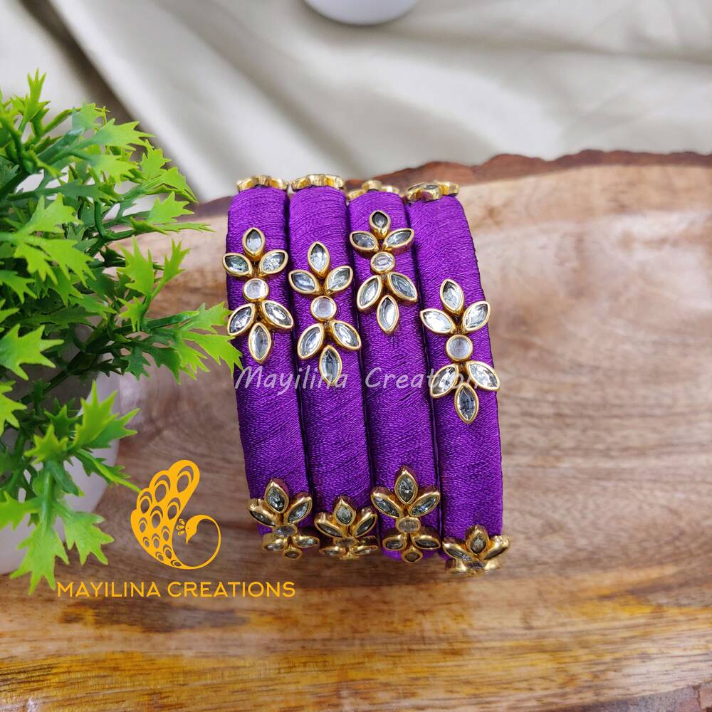 Violet Multicolor Silk Thread Bangles(Set of 4 Bangles) 