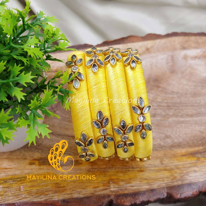 Yellow Multicolor Silk Thread Bangles(Set of 4 Bangles) 
