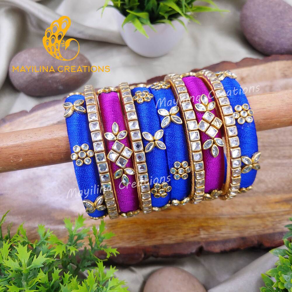 Blue and Purple Silk Thread Flower Bangles Design for Women