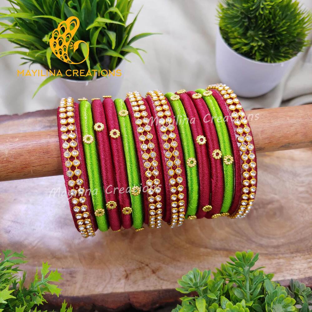 Maroon and Light Green Silk Thread Bangles Design for Women