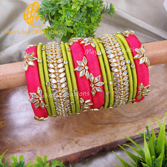 Pink and Olive Green Silk Thread Bangles Design for Women