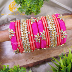 Pink and Peach Green Silk Thread Bangles Design for Women