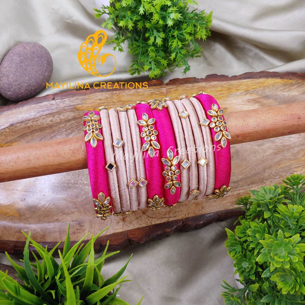 Pink Classy Budget Friendly Kundan Silk Thread Bangles Design for Women