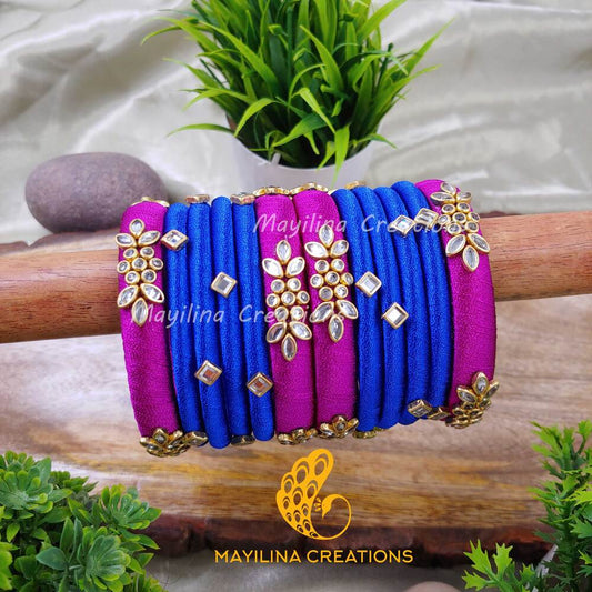 Purple and Blue Classy Budget Friendly Kundan Silk Thread Bangles Design for Women