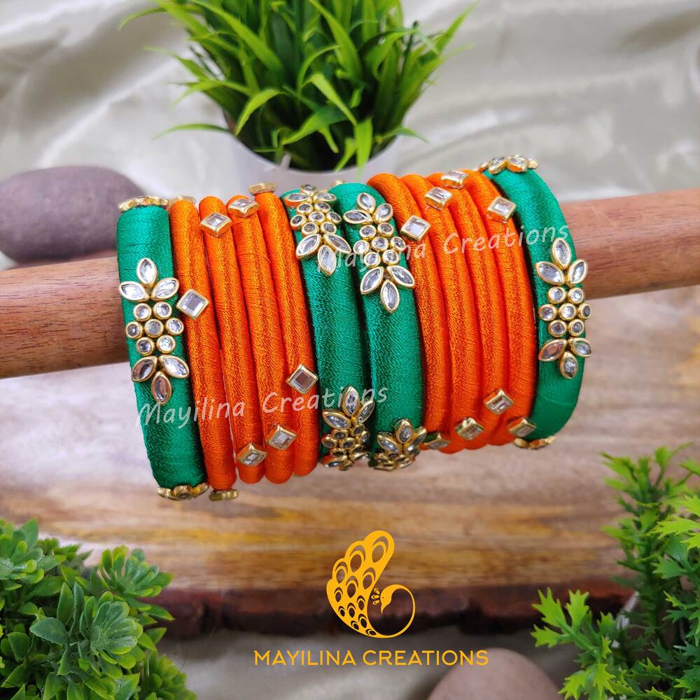 Green and Orange Classy Budget Friendly Kundan Silk Thread Bangles Design for Women