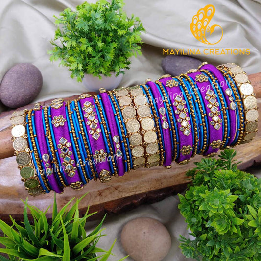 Purple and Blue Silk Thread Kundan Bangles with Lakshmi Coin Bangles Design for Women