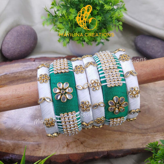 White and Green Silk Thread Budget Friendly Kundan Bangles Design for Women