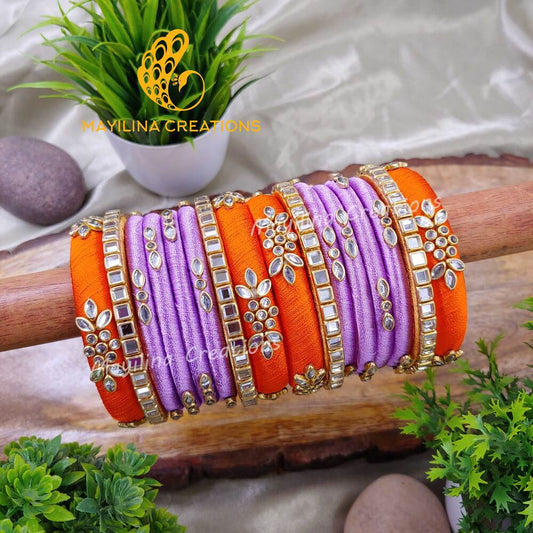 Orange and Lavender Silk Thread Kundan Bangles Design for Women