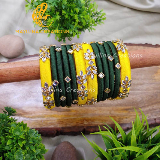 Yellow and Green Silk Thread Budget Friendly Kundan Bangles Design for Women