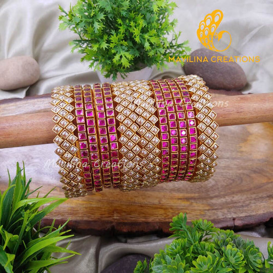 Dark Pink Square Kundan with Gold Pearl Bordern Kundan  Silk Thread Bangles