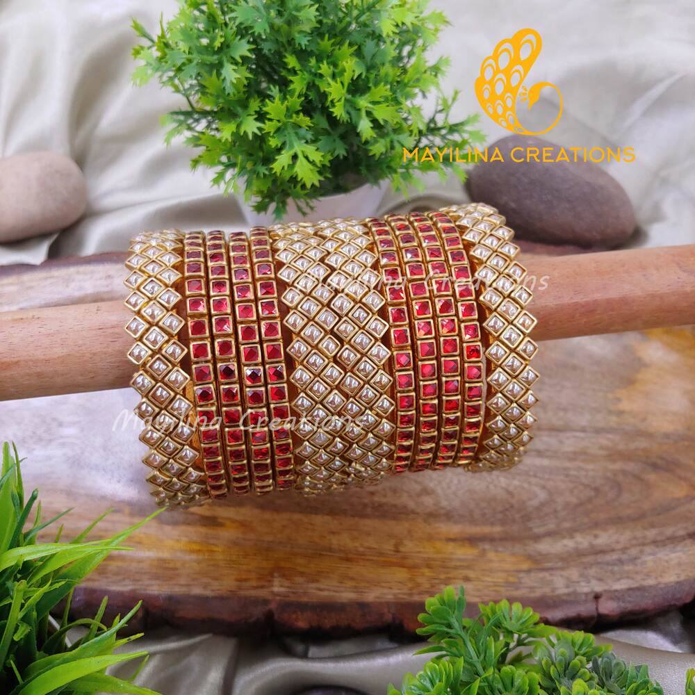 Red Square Kundan with Gold Pearl Bordern Kundan  Silk Thread Bangles