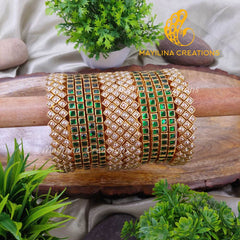 Dark Green Square Kundan with Gold Pearl Bordern Kundan  Silk Thread Bangles