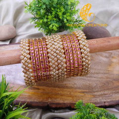 Light Pink Square Kundan with Gold Pearl Bordern Kundan  Silk Thread Bangles