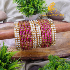 Dark Pink and White Pearl Silk Thread Kundan Bridal Bangles