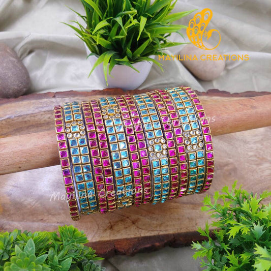 Light Blue and Dark Pink Silk Thread Kundan Bridal BanglesPrithi - Square Shiny Kundan Silk Thread Bridal Bangles