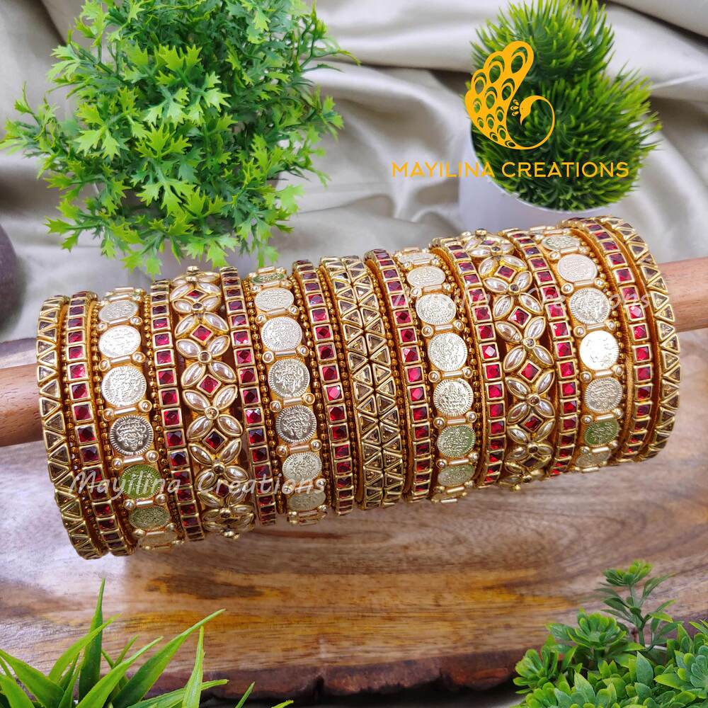 Red and Gold Pearl with Gold Lakshmi Coin Silk Thread Kundan Bridal Bangles for Wedding