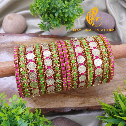 Dark Pink and Green Kundan Silk Thread Bangles with Lakshmi Coins for Women