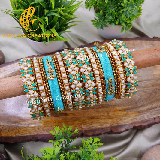 Teal Peacock Bangles with White Pearl Kundan Silk Thread Bridal Bangles for Women