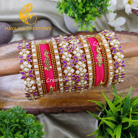 Pink Peacock with Purple and White Pearl Kundan Silk Thread Bridal Bangles for Women, for Wedding (Copy)