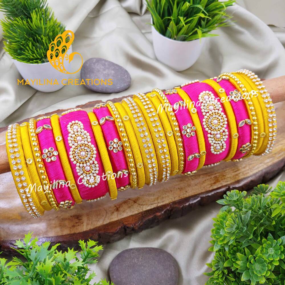 Pink and Yellow Traditional Silk Thread Bangles for Women, for Wedding (Set of 22 Bangles).