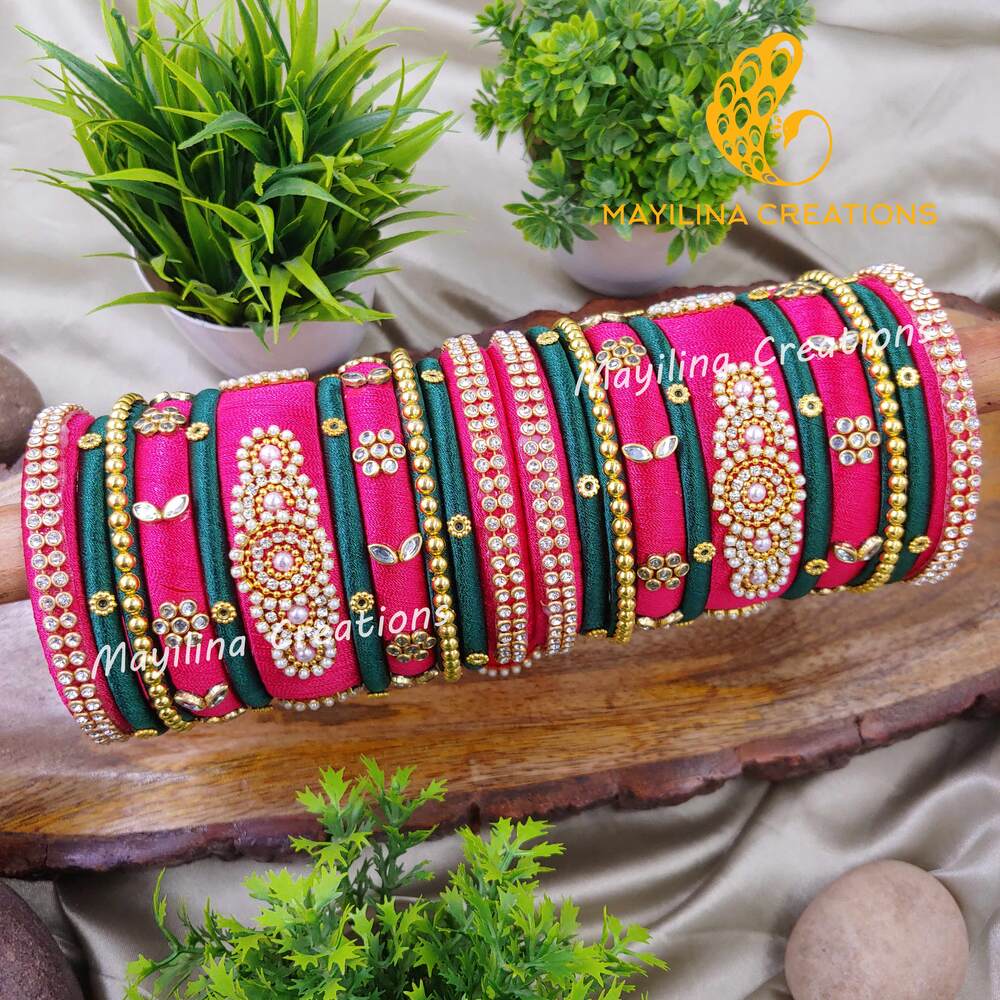 Pink and Dark Green Traditional Silk Thread Bangles for Women, for Wedding (Set of 22 Bangles).