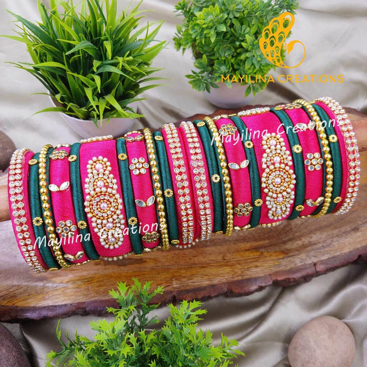 Pink and Dark Green Traditional Silk Thread Bangles for Women, for Wedding (Set of 22 Bangles).