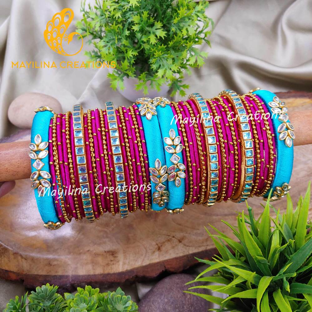 Light Blue and Magenta Kundan Silk Thread Bangles with Metal Bead and Kundan Bangles for Women, for Wedding