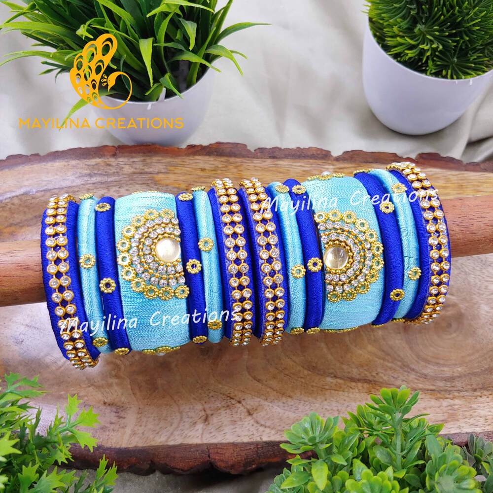 Light Blue and Dark Blue Traditional Silk Thread Bangles for Kids and Women