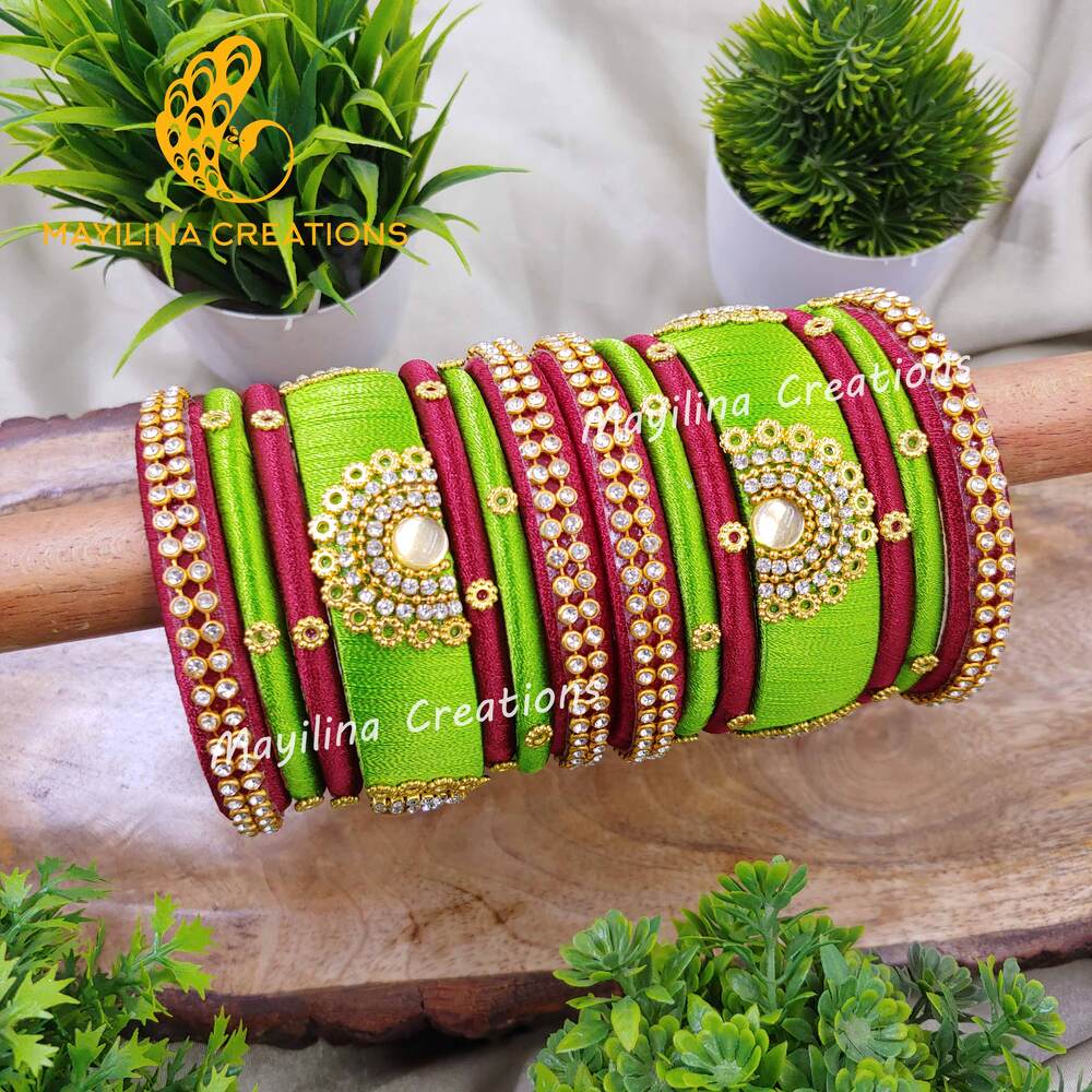 Green and Maroon Traditional Silk Thread Bangles for Kids and Women