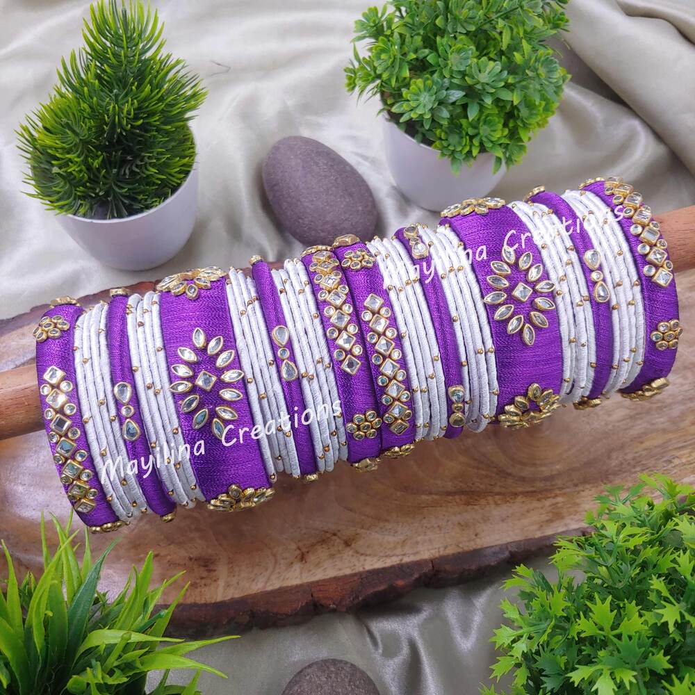 Violet and White Kundan Silk Thread Bangles with Metal Bangles for Women, for Wedding