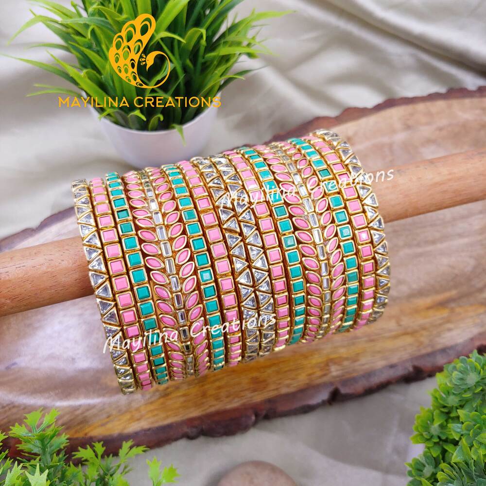 Light Pink and Teal Kundan Silk Thread Bangles for Women, for Wedding