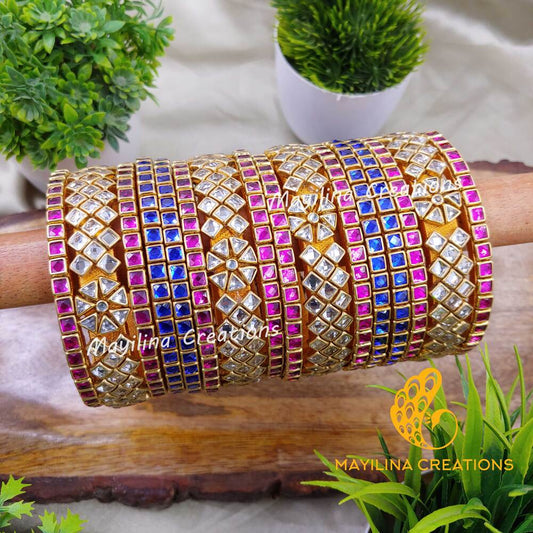 Purple and Blue Kundan Silk Thread Bangles for Women, for Wedding