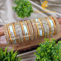 Pastel Blue Kundan Silk Thread Bangles with Leaf Border Bangles for Women, for Wedding