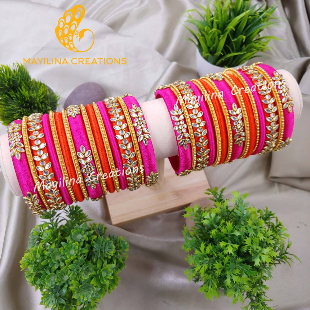 Dark Pink and Orange Kundan Silk Thread Bridal Bangles for Women, for Wedding