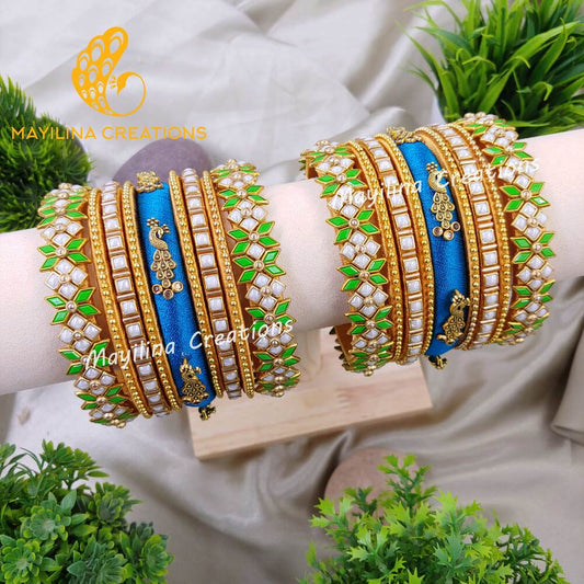 Blue Peacock and Green with White Pearl Kundan Silk Thread Bridal Bangles for Women, for Wedding