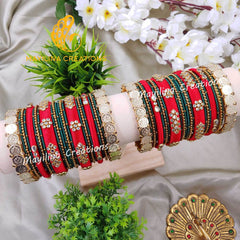 Red and Bottle Green Kundan Silk Thread Bangles with Metal Bangles and Lakshmi Coin Bangles for Women, for Wedding