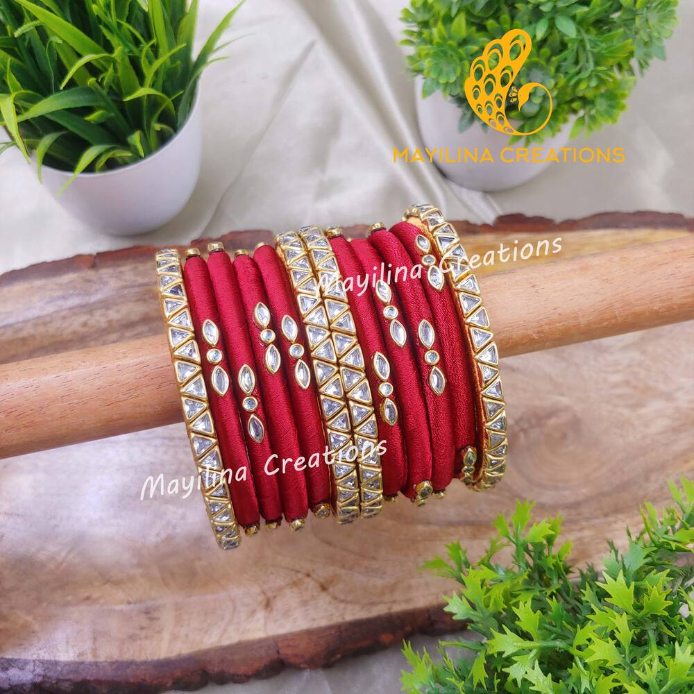 Maroon Kundan Silk Thread Bangles with Triangle Kundan Bangles for Women, for Wedding