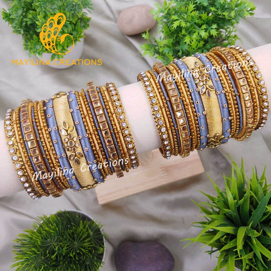 Gold and Gray Kundan Silk Thread Bangles with Metal Bangles for Women, for Wedding